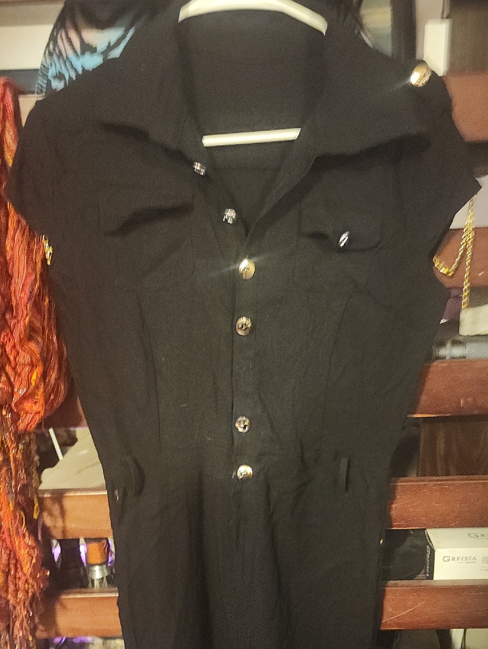 Black Short-Sleeve Button-Front Pantsuit Jumpsuit